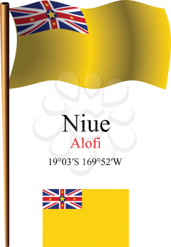 niue wavy flag and coordinates against white background, vector art illustration, image contains transparency