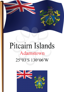 pitcairn islands wavy flag and coordinates against white background, vector art illustration, image contains transparency