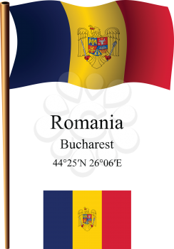 romania wavy flag and coordinates against white background, vector art illustration, image contains transparency