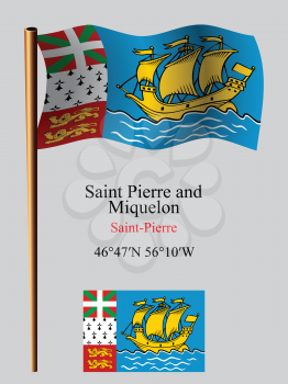 saint pierre and miquelon wavy flag and coordinates against gray background, vector art illustration, image contains transparency