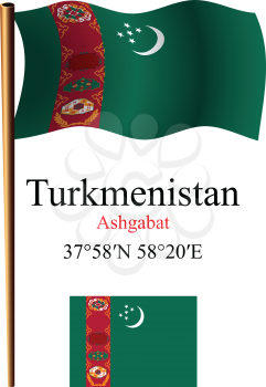 turkmenistan wavy flag and coordinates against white background, vector art illustration, image contains transparency