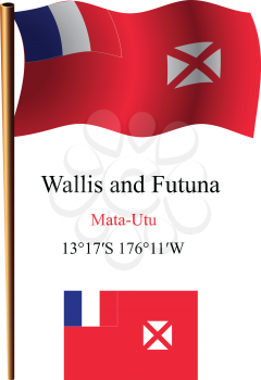 wallis and futuna wavy flag and coordinates against white background, vector art illustration, image contains transparency