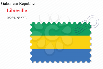 gabonese republic stamp design over stripy background, abstract vector art illustration, image contains transparency