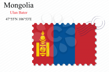 mongolia stamp design over stripy background, abstract vector art illustration, image contains transparency