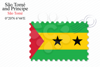 sao tome and principe stamp design over stripy background, abstract vector art illustration, image contains transparency