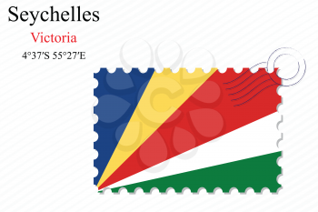 seychelles stamp design over stripy background, abstract vector art illustration, image contains transparency
