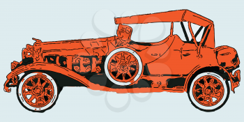 orange classic car against blue background, abstract vector art illustration