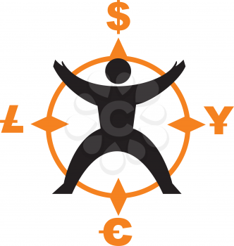 Royalty Free Clipart Image of a Man in a Direction Symbol Showing Currency Signs