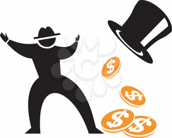 Royalty Free Clipart Image of a Man, a Hat and Coins