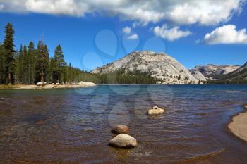 Flat shore of picturesque shallow lake at Tioga Pass in Yosemite Park
