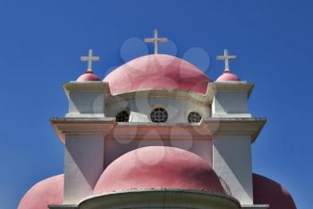  Orthodox church on coast of lake Tiberias, shined by the sun