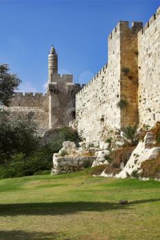 A green lawn and trees at a wall of Jerusalem near David's tower