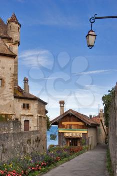 Small medieval  town on coast of lake Leman in Switzerland