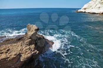 . White rocks and grottoes Rosh-a-Nikra. Picturesque sea coast in the early spring