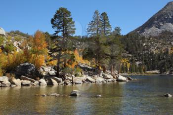 Soft American autumn. Multi-colored autumn woods, mountains and river
