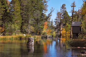 A charming mountain lake in California. Autumn forest and blue sky reflected in water
