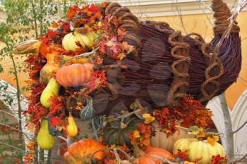 Winter garden in a lobby of magnificent hotel. A harvesting holiday: baskets and vases with multi-colored pumpkins, flowers and autumn leaves