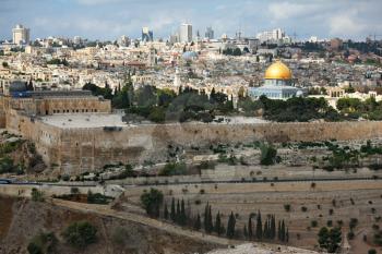 Magnificent panorama of Jerusalem. Dome of the Rock, Omar Mosque and the Dome of the Holy Sepulcher
