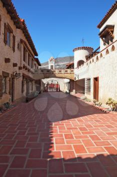 Scotty's Castle in Death Valley in the USA. The inner courtyard paved with red marble