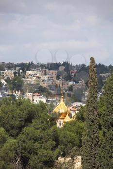 Christian Quarter in Jerusalem's Old City. Golden dome of the church of St. Mary Magdalene
