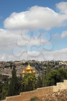 Christian Quarter in Jerusalem's Old City. Golden dome of the church of St. Mary Magdalene
