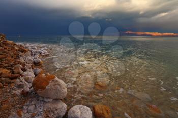 Spring thunderstorm, thunder and lightnings on the Dead Sea in Israel
