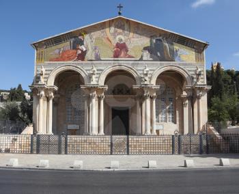 Church of All Nations in Jerusalem. The magnificent colonnade and the pediment of decorative painting
