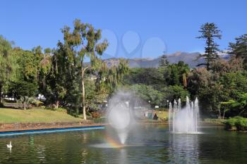 Picturesque lake with fountains and a rainbow. A wonderful sunny day in the park. 