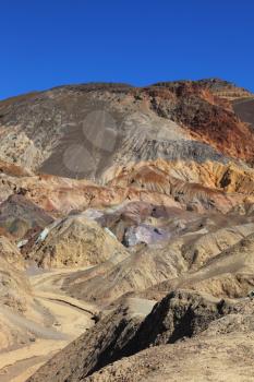 Multi-colored rocks in Death Valley, USA. The famous road Artists  Palette