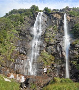 Photo taken fisheye lens. Twin Falls in the mountains of northern Italy. 