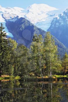  Reflections of snow-capped peaks and coastal trees in city park pond.  Chamonix - a famous ski resort in the French Alps