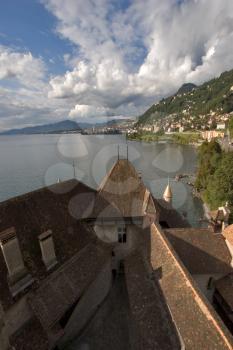 A survey platform on a roof of a medieval fortress ?hillon on coast of lake Leman