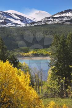 Classical northern landscape - cold lake, mountains with a snow and the turned yellow bushes
