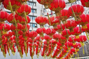 The traditional red lanterns decorating the Chinese city in New year