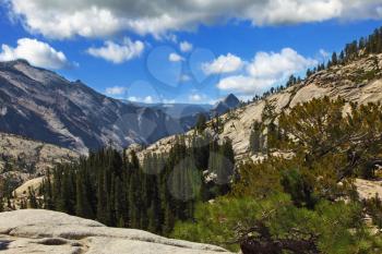 The glade shined by the sun at top of mountain. A magnificent mountain panorama national park Yosemite