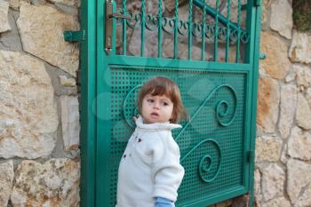 The charming little boy has stopped near to a green garden gate