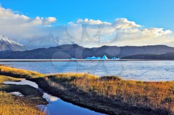  National Park Torres del Paine, Chile. Gray lake and snow-capped mountains. Blue iceberg floating in the distance. Warm summer sunset light illuminates the grassy bank.