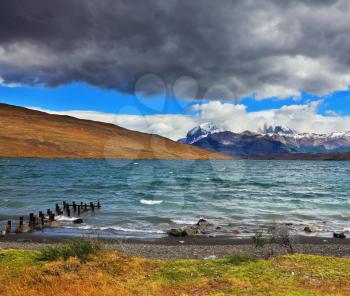 Boat dock at the Laguna Azul. National Park Torres del Paine and Patagonia, Chile