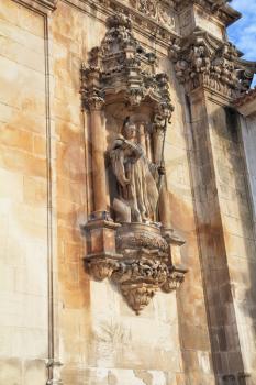 Facade ornaments. Portugal. Catholic monastery and cathedral in the small city of Alkobasa. 