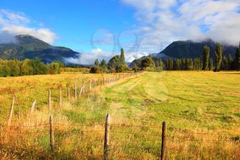  Green field fenced low fence. Mountain range is visible in the distance. Countryside in Chilean Patagonia