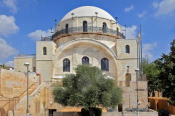 White facade famous restored Hurva Synagogue. Jerusalem, Israel