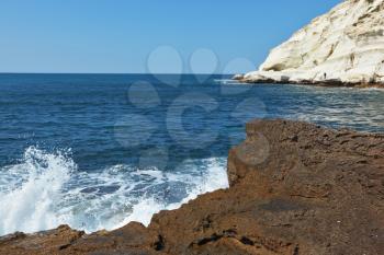 Picturesque sea coast in the early spring. White rocks and grottoes Rosh-a-Nikra