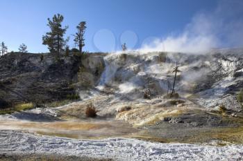 Spring wind above smoking volcanic lake in Yellowstone national Park