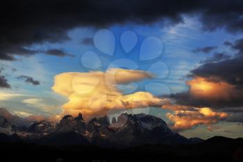 Chilean Patagonia. Incredible clouds over the mountains, painted sunset