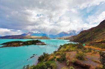 Beautiful Patagonia. Snow-capped mountains and emerald lake. Park Torres del Paine in southern Chile
