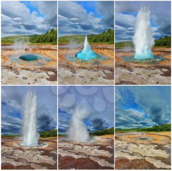 Card memory. Gushing geyser Strokkur. Collage showing different phases of the action of the geyser