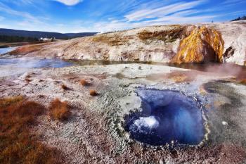 Picturesque hot azure small lake in Yellowstone park