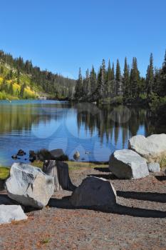 The calm shallow Mammoth Lake among pine forests