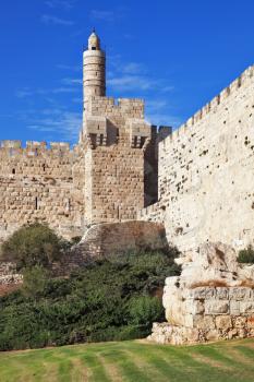 The walls of the eternal Jerusalem. The sunset gently illuminates the ancient walls and Tower of David