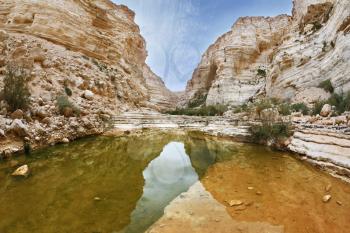  Magnificent canyon, creek and picturesque waterfall. Ein Avdat National Park in the Negev desert